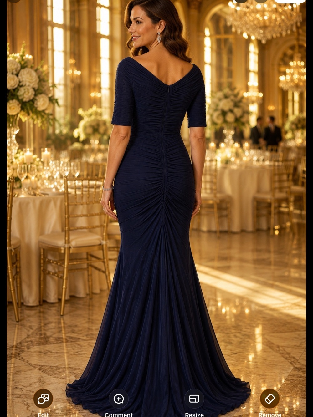 Tadashi Shoji Midnight Navy Sculpted Mermaid Gown XS Ruched Off-Shoulder Formal - Picture 4 of 9